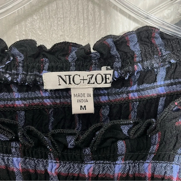 NIC+ZOE Twilight Plaid black and purple puff sleeve Smocked top | size medium - Picture 5 of 7